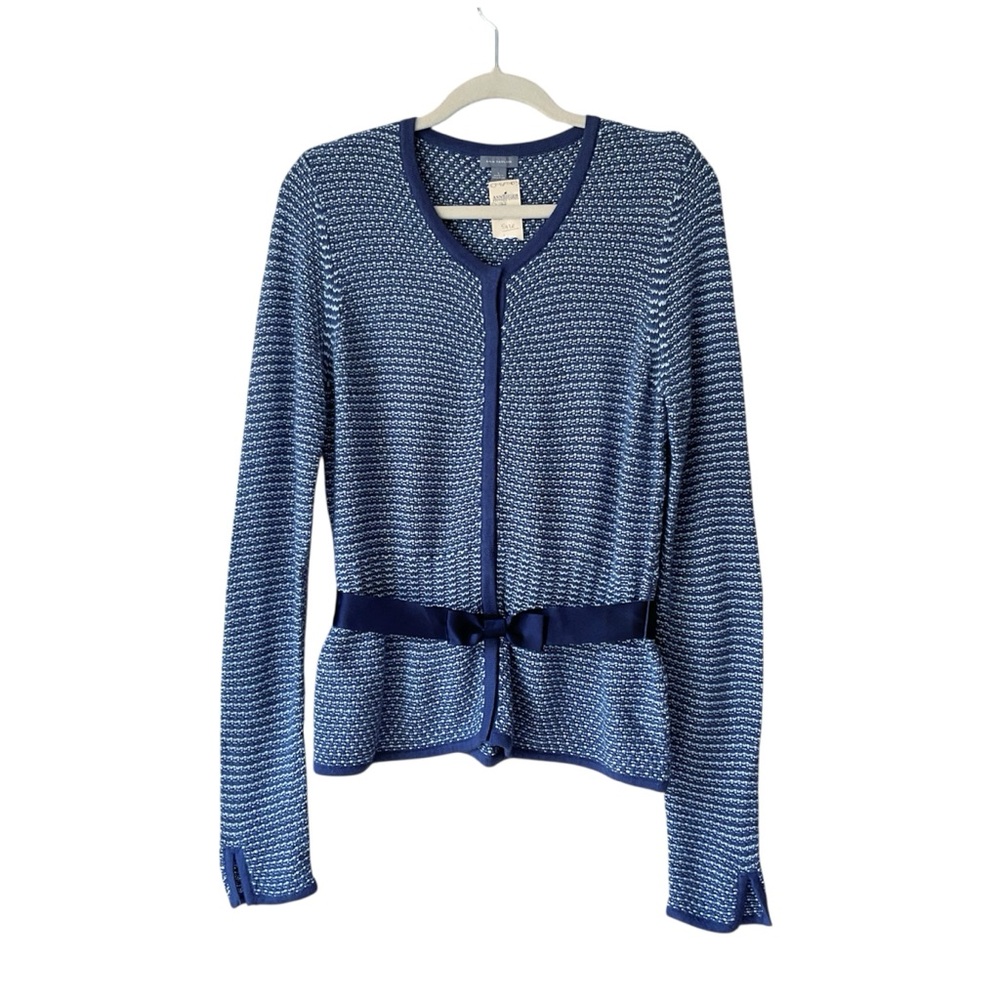 Ann Taylor Made in Hong Kong Ribbon Bow Belt Blue & White Cardigan Size L NWT
